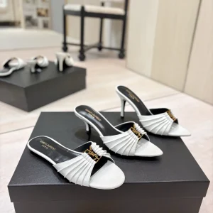 Ruched Pointed Toe Mid-Heel Mules with Gold Metal Buckle image 1