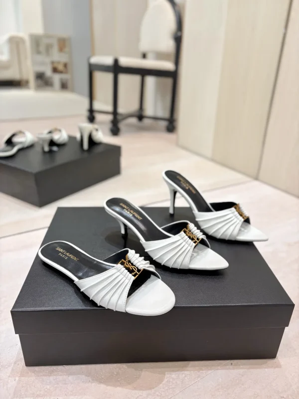 Ruched Pointed Toe Mid-Heel Mules with Gold Metal Buckle image 1