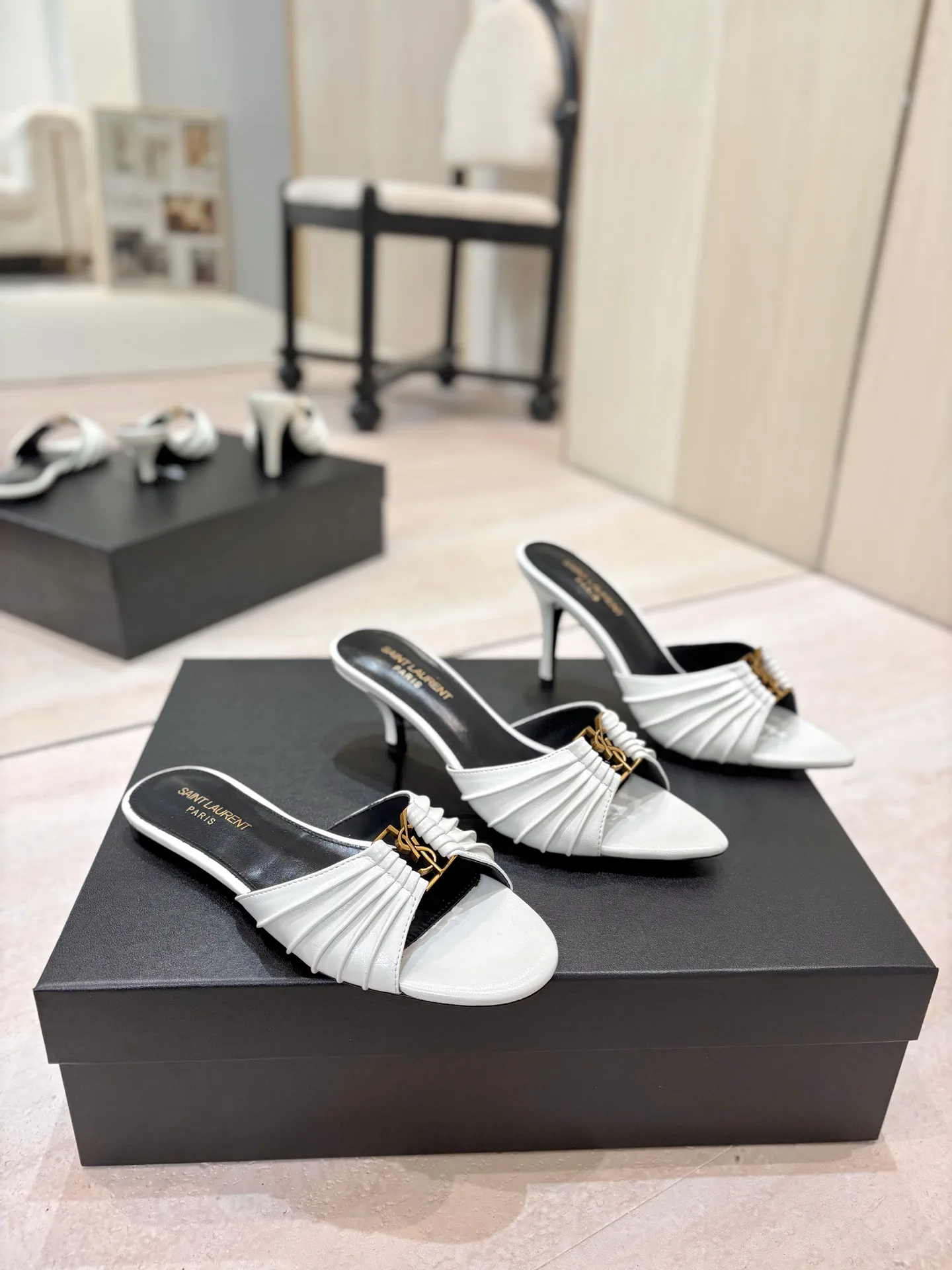 Ruched Pointed Toe Mid-Heel Mules with Gold Metal Buckle image 1