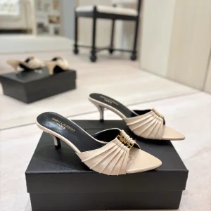 Ruched Pointed Toe Kitten Heel Mules with Gold Metal Buckle image 1