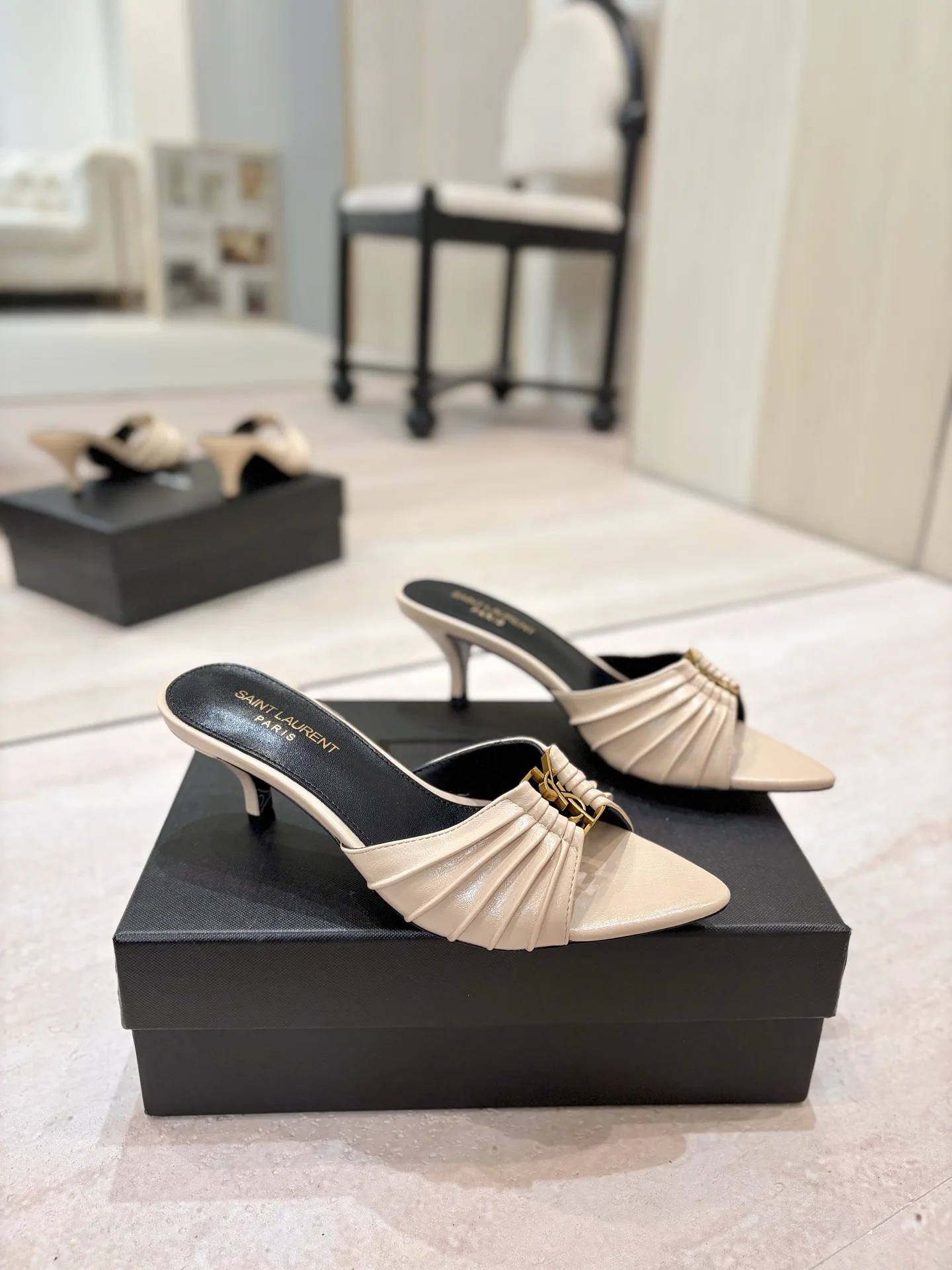 Ruched Pointed Toe Kitten Heel Mules with Gold Metal Buckle image 1
