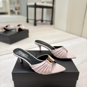 Ruched Pointed Toe Mid-Heel Mules with Gold Metal Buckle image 1