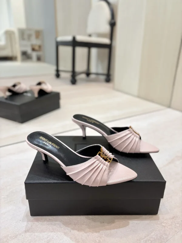 Ruched Pointed Toe Mid-Heel Mules with Gold Metal Buckle image 1