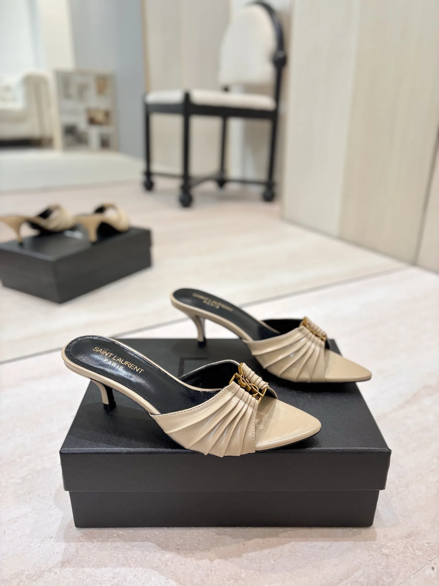 Yves Saint Laurent Ruched Pointed Toe Kitten Heel Mules image 1