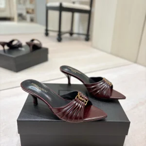 Ruched Pointed Toe Mid Heel Mules with Gold Metal Buckle image 1