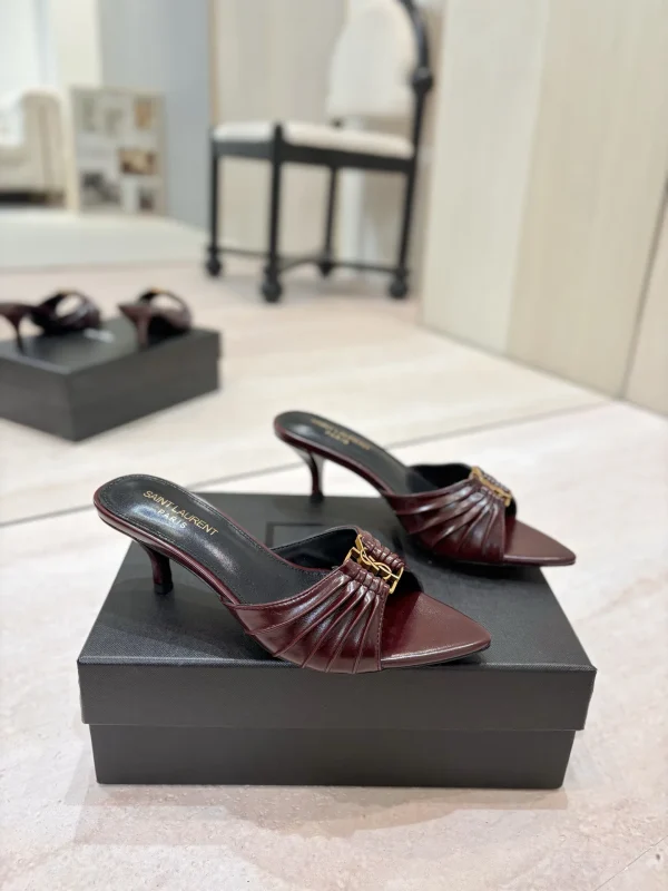 Ruched Pointed Toe Mid Heel Mules with Gold Metal Buckle image 1