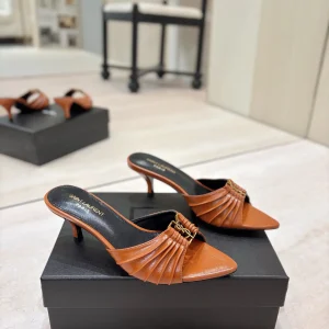 Ruched Pointed Toe Kitten Heel Mules with Gold Metal Buckle image 1