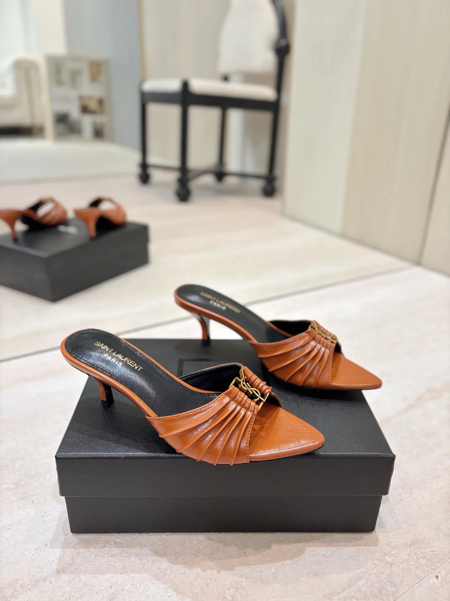 Ruched Pointed Toe Kitten Heel Mules with Gold Metal Buckle image 1