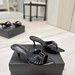 Ruched Kitten Heel Mules with Gold Metal Buckle image 1