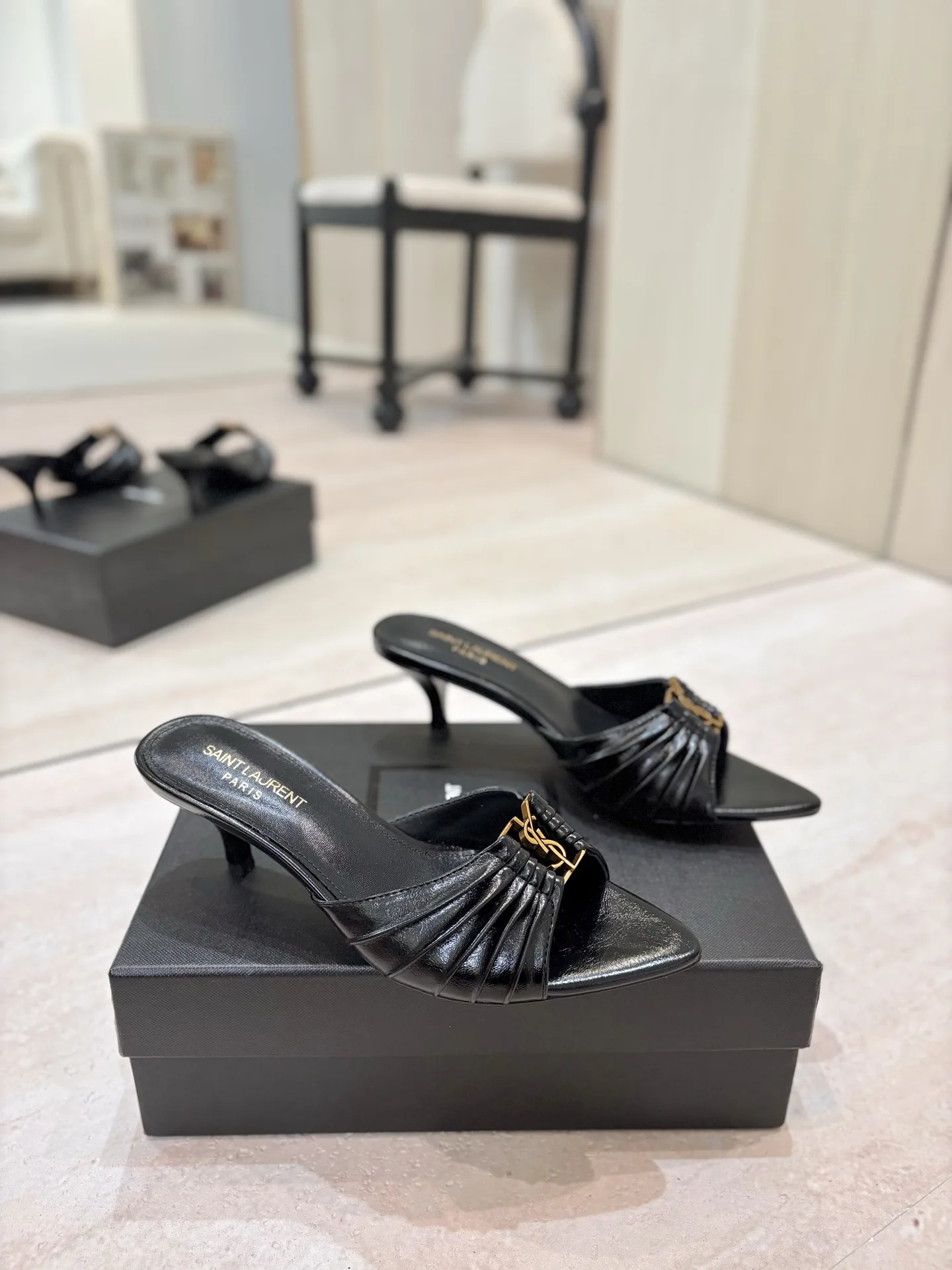 Ruched Kitten Heel Mules with Gold Metal Buckle image 1