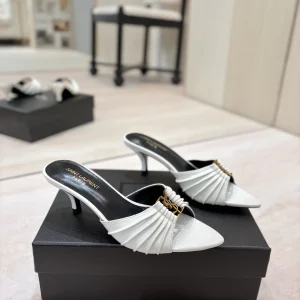 Ruched Pointed Toe Kitten Heel Mules with Gold Metal Buckle image 1