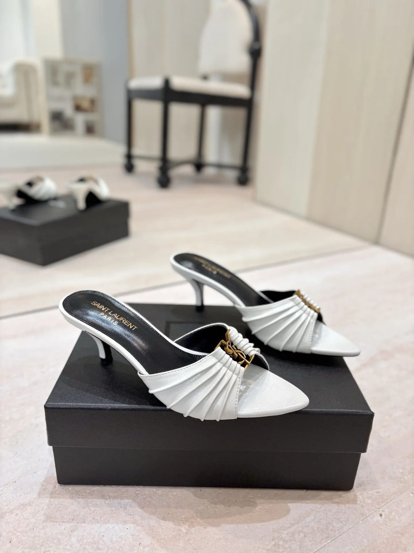 Ruched Pointed Toe Kitten Heel Mules with Gold Metal Buckle image 1