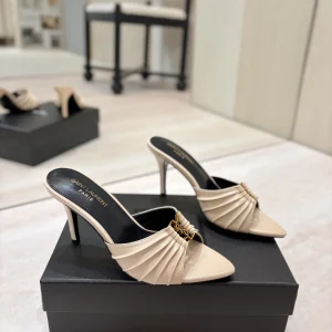 Ruched Pointed Toe High Heel Mules with Gold Metal Buckle image 1
