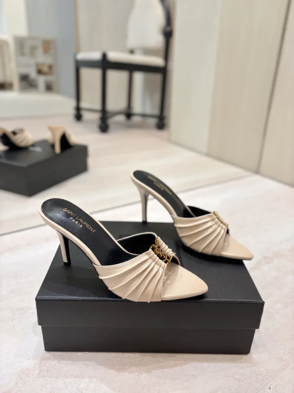 Ruched Pointed Toe High Heel Mules with Gold Metal Buckle image 1