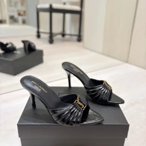 Ruched Leather High Heel Mules with Gold Metal Buckle image 1