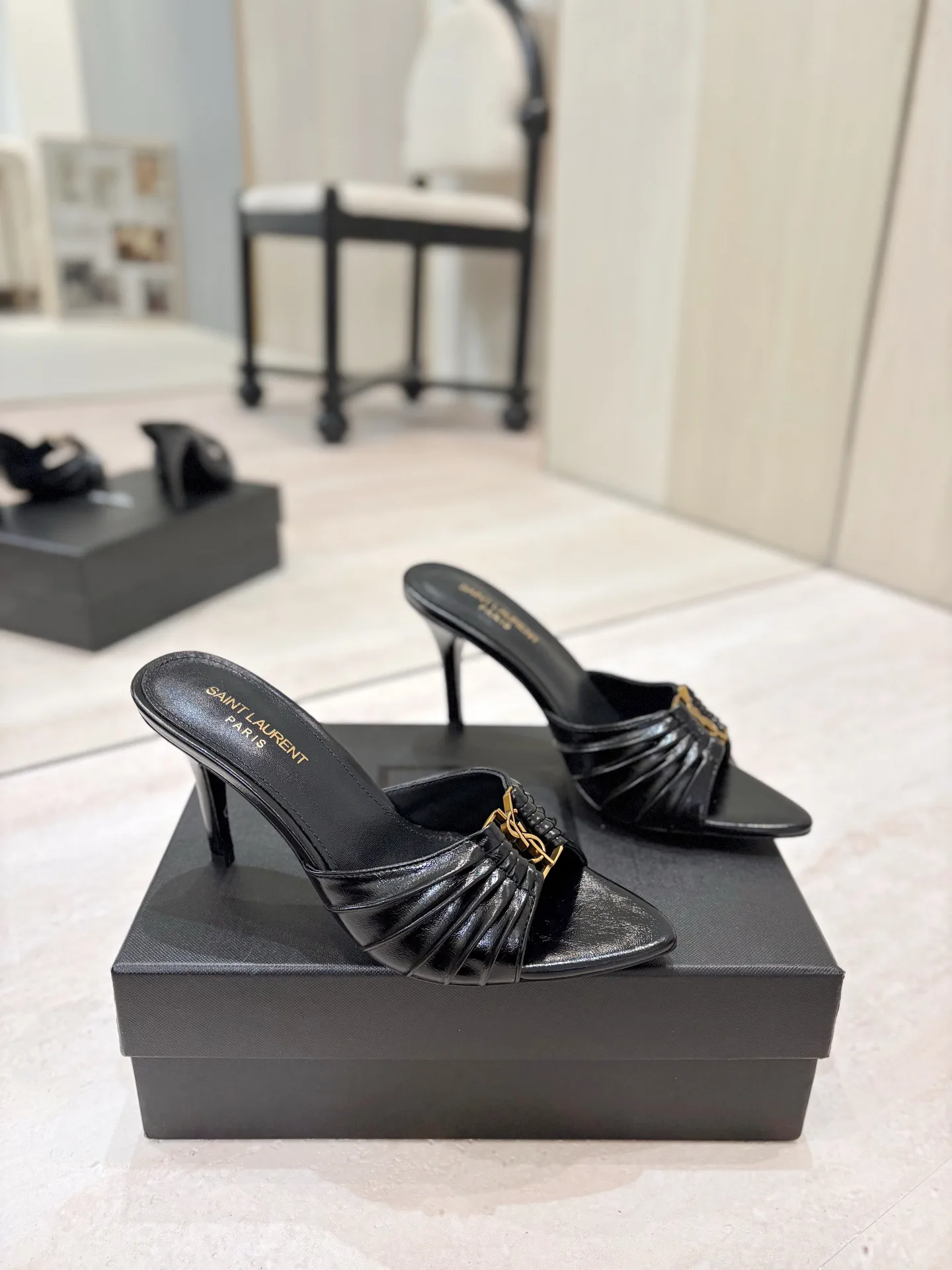 Ruched Leather High Heel Mules with Gold Metal Buckle image 1