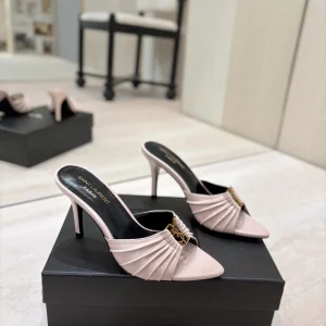 Ruched Pointed Toe High Heel Mules with Gold Metal Buckle image 1