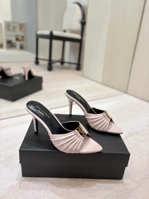 Ruched Pointed Toe High Heel Mules with Gold Metal Buckle image 1