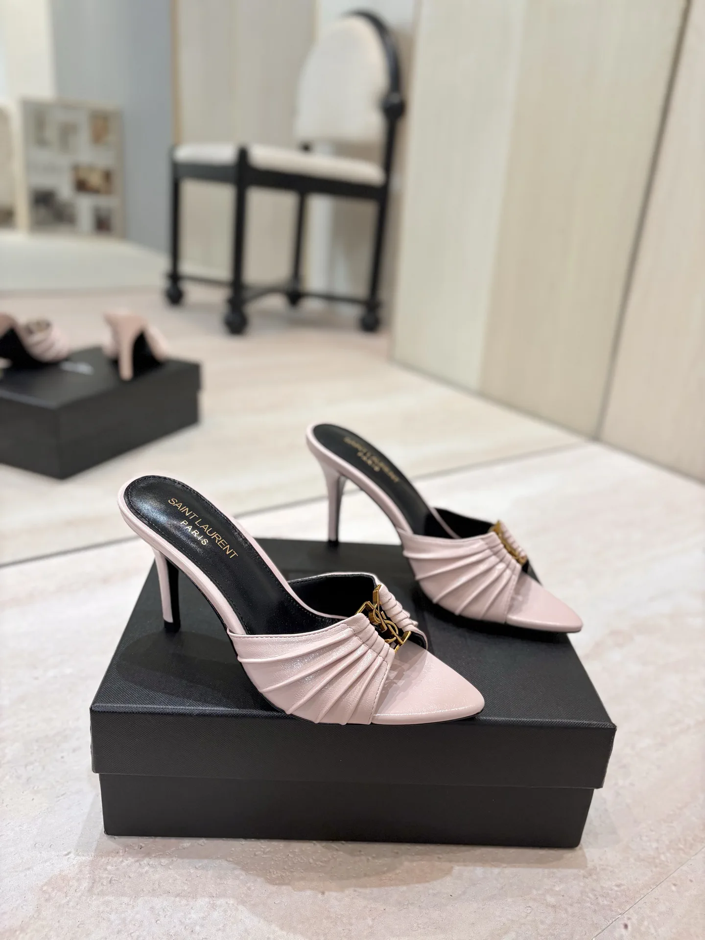 Ruched Pointed Toe High Heel Mules with Gold Metal Buckle image 1