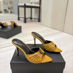 Ruched Pointed Toe Mule Heels with Gold Metal Buckle image 1