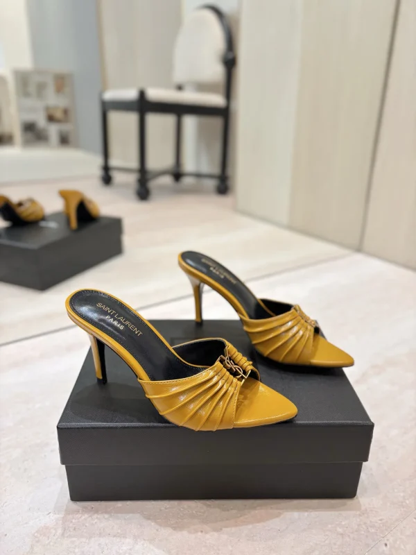 Ruched Pointed Toe Mule Heels with Gold Metal Buckle image 1