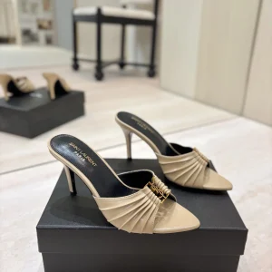 Ruched Pointed Toe High Heel Mules with Gold Metal Buckle image 1