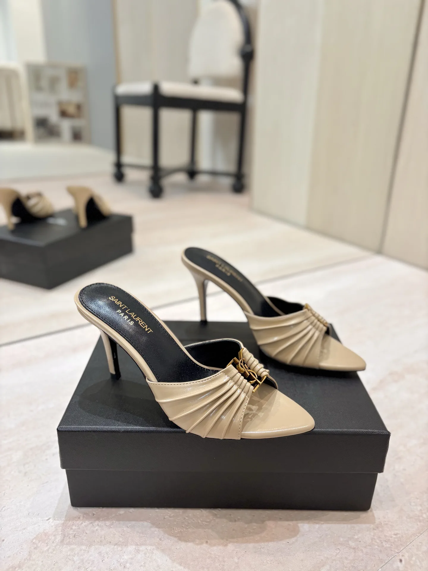Ruched Pointed Toe High Heel Mules with Gold Metal Buckle image 1