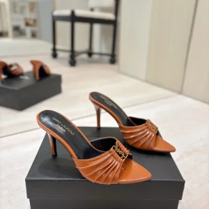 Ruched Pointed Toe High Heel Mules with Gold Metal Buckle image 1