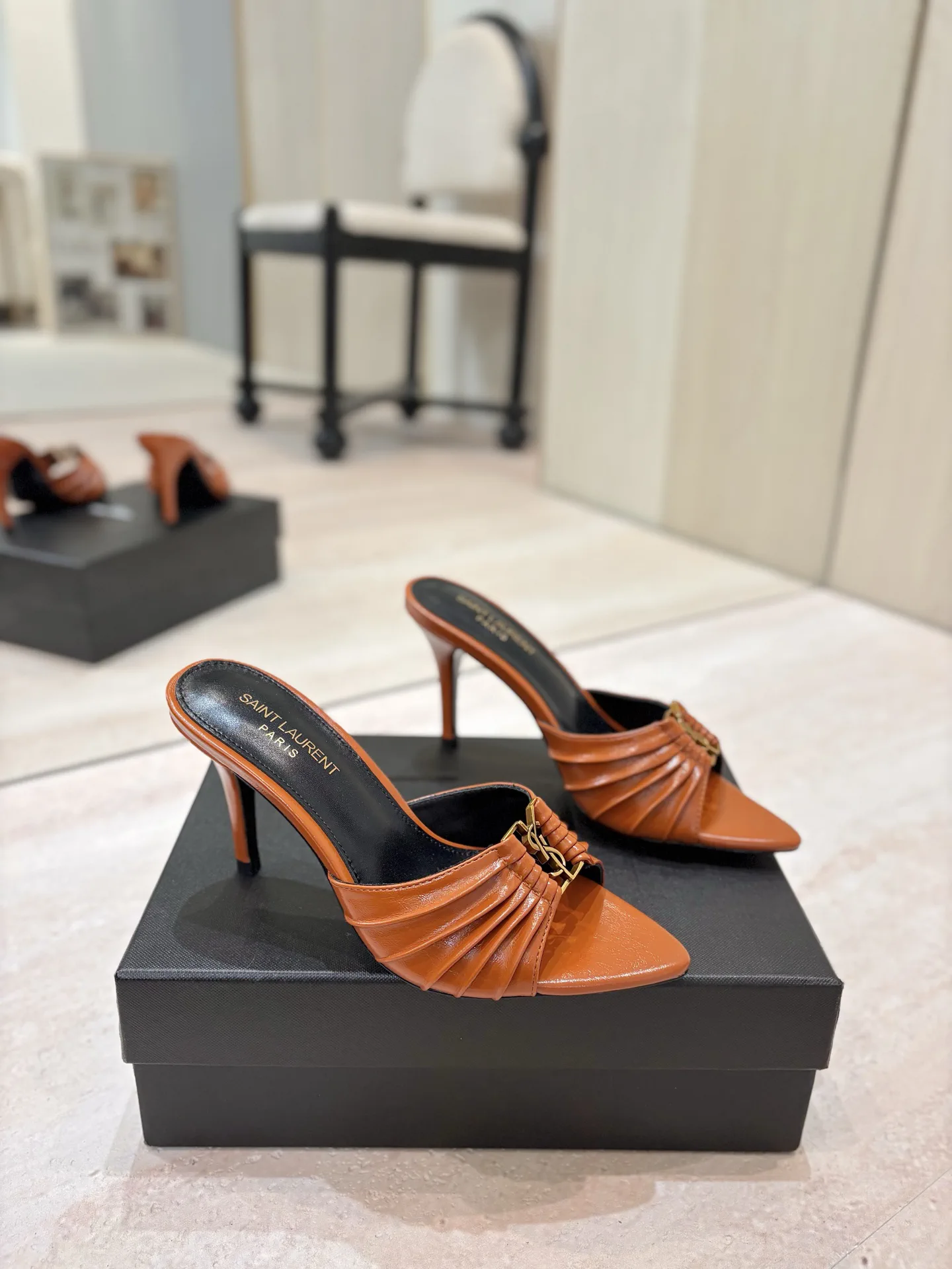 Ruched Pointed Toe High Heel Mules with Gold Metal Buckle image 1