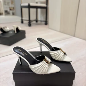 Ruched Pointed Toe High Heel Mules with Gold Metal Buckle image 1