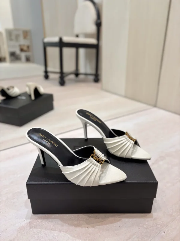 Ruched Pointed Toe High Heel Mules with Gold Metal Buckle image 1