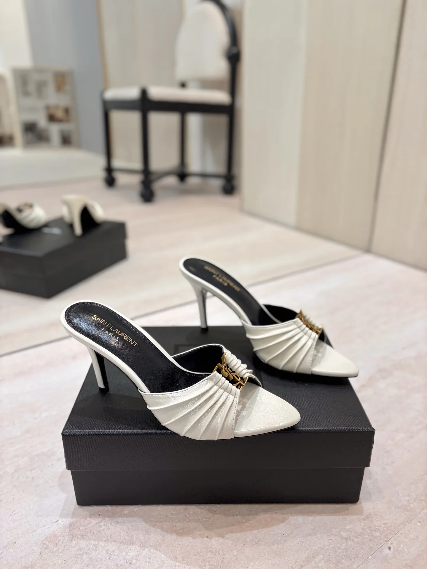 Ruched Pointed Toe High Heel Mules with Gold Metal Buckle image 1