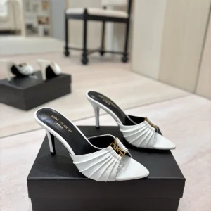 Ruched Pointed Toe High Heel Mules with Gold Metal Buckle image 1
