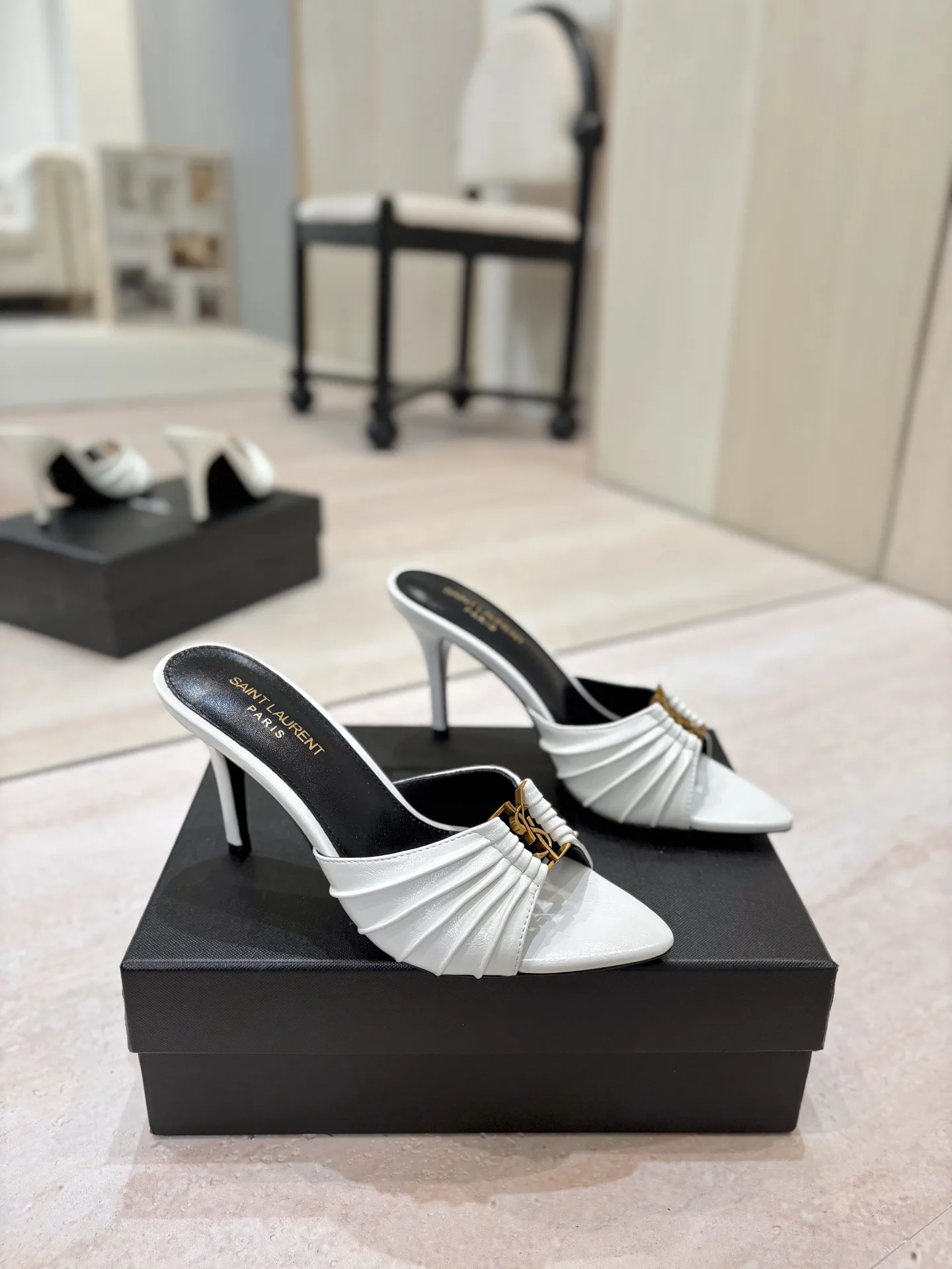 Ruched Pointed Toe High Heel Mules with Gold Metal Buckle image 1