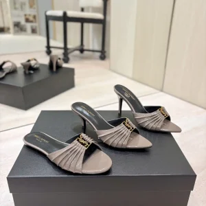 Ruched Pointed Toe Mule Heels with Gold Metal Buckle image 1