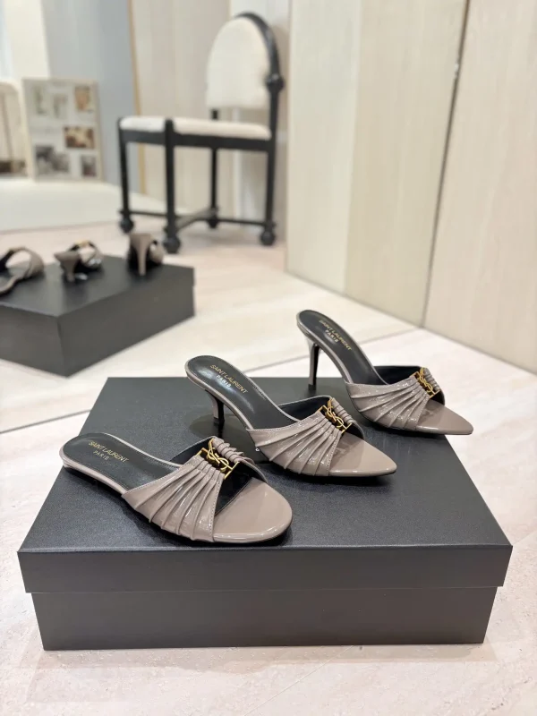 Ruched Pointed Toe Mule Heels with Gold Metal Buckle image 1