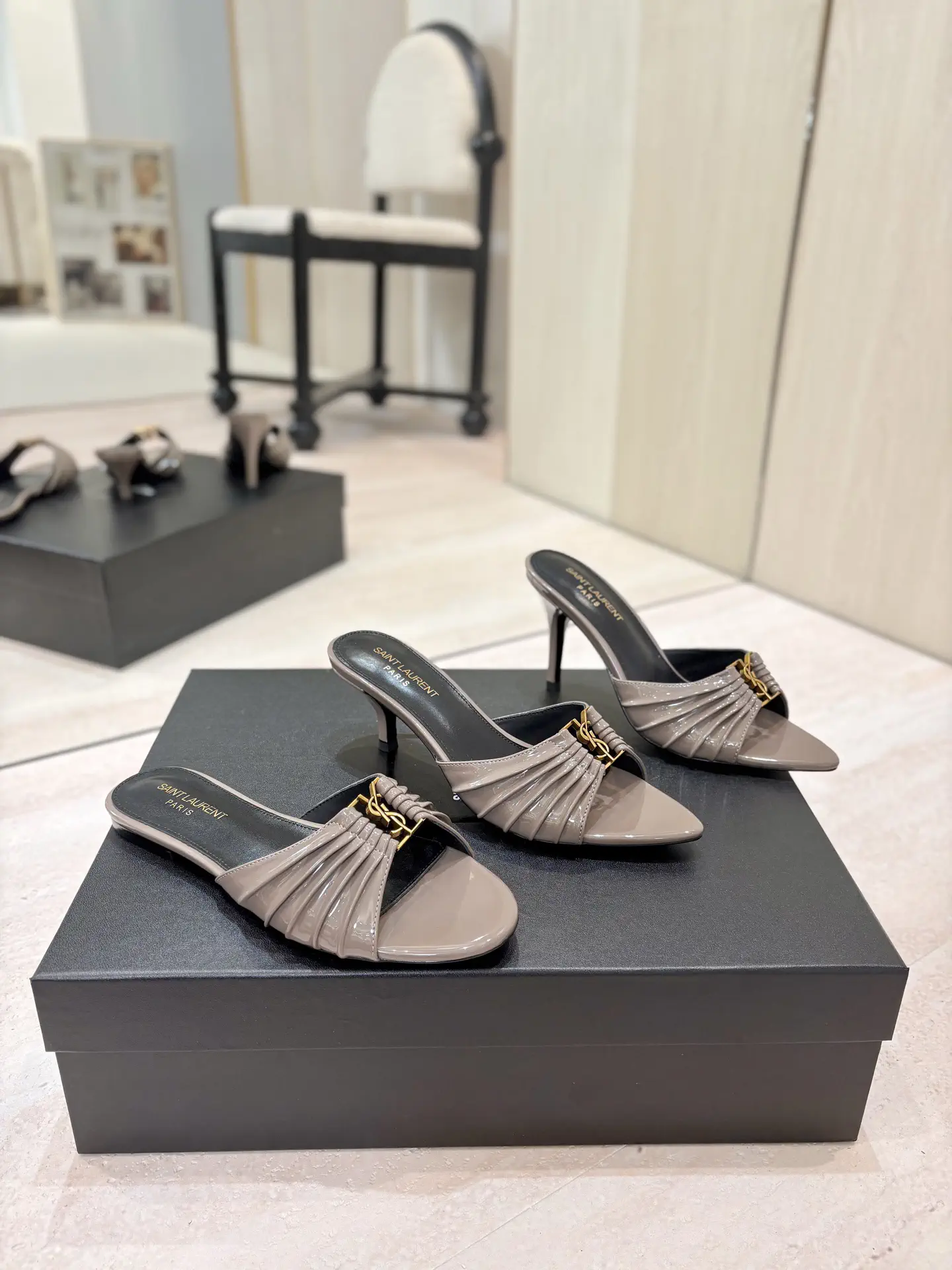 Ruched Pointed Toe Mule Heels with Gold Metal Buckle image 1