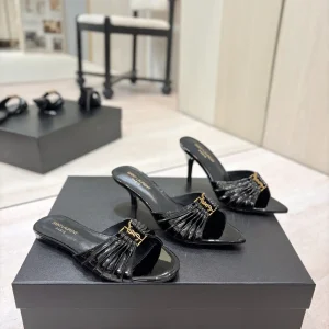 Saint Laurent Ruched Pointed Toe Mules with Gold Metal Buckle image 1
