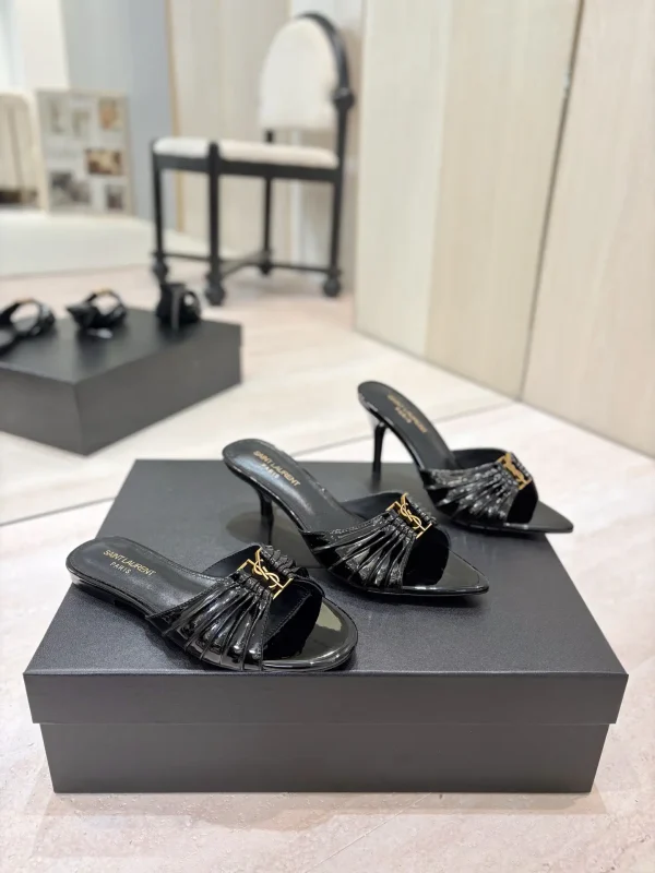 Saint Laurent Ruched Pointed Toe Mules with Gold Metal Buckle image 1