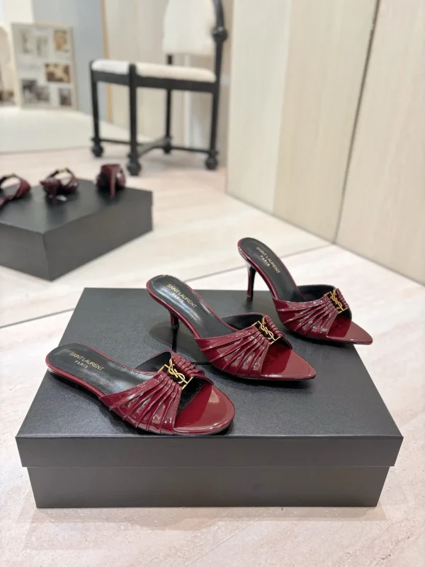 Yves Saint Laurent Ruched Pointed Toe Mules with Gold Metal Buckle image 1