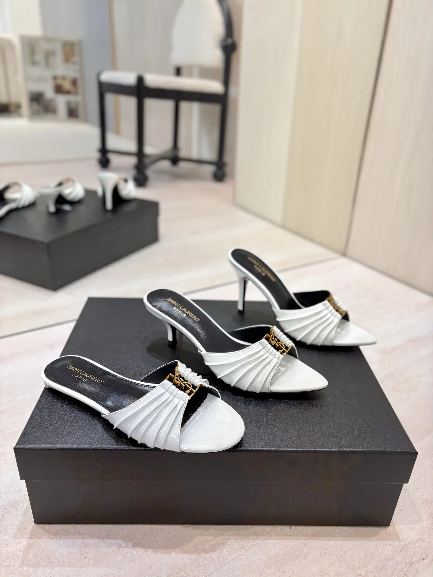 Yves Saint Laurent Ruched Pointed Toe Mules with Gold Metal Buckle image 1
