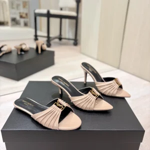 Yves Saint Laurent Ruched Pointed Toe Mules with Gold Metal Buckle image 1