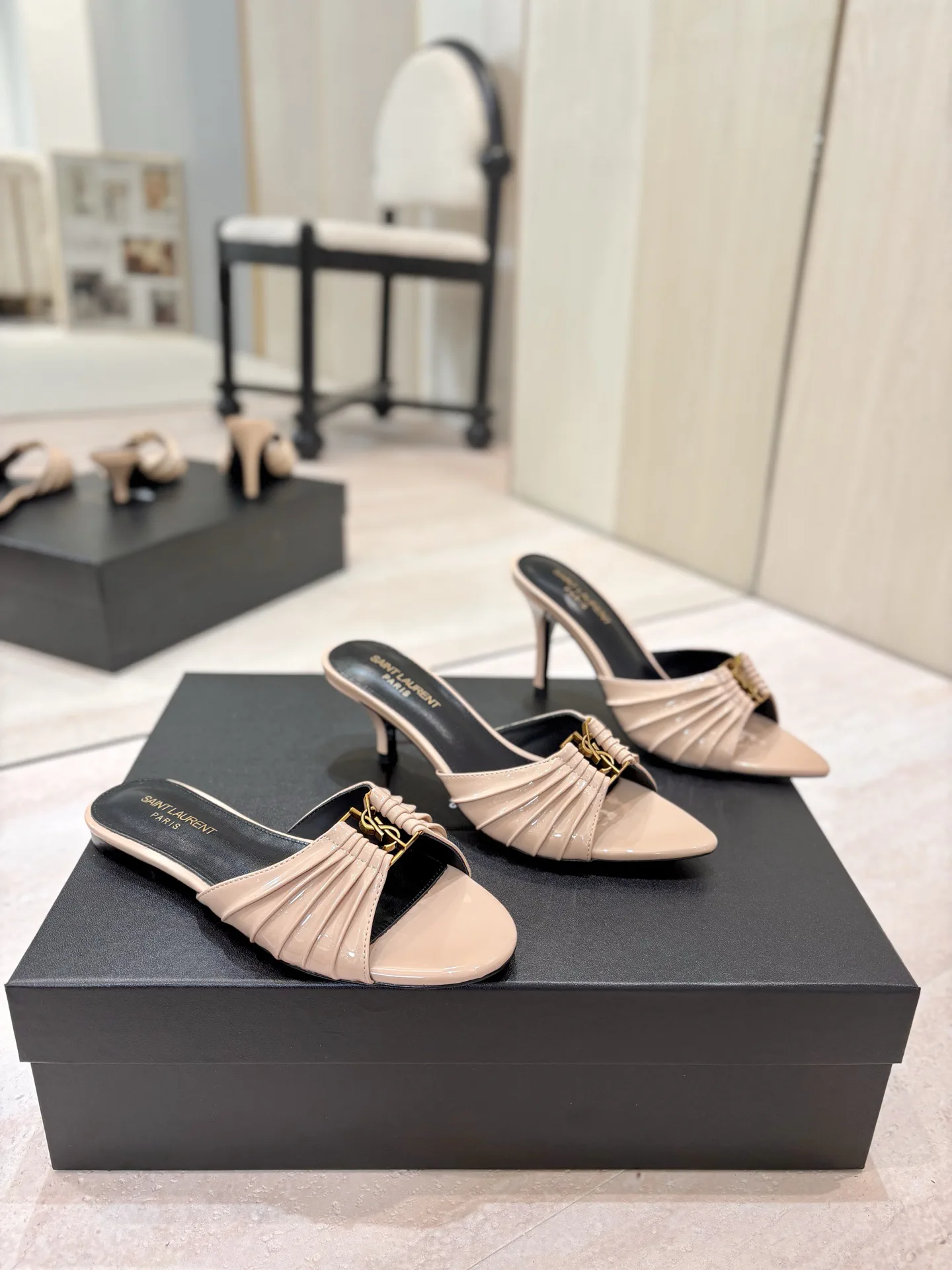 Yves Saint Laurent Ruched Pointed Toe Mules with Gold Metal Buckle image 1