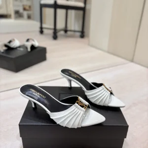 Ruched Pointed Toe Mid Heel Mules with Gold Metal Buckle image 1