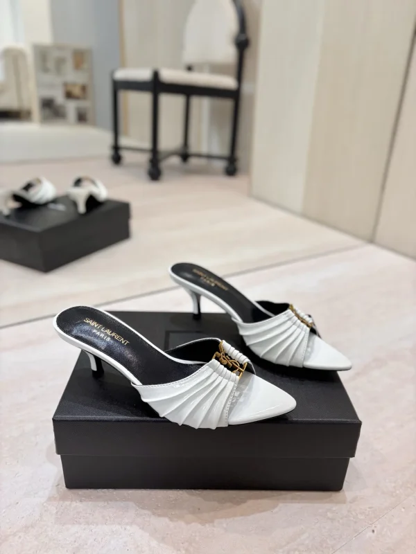 Ruched Pointed Toe Mid Heel Mules with Gold Metal Buckle image 1