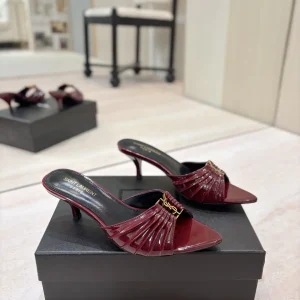 Ruched Pointed Toe Kitten Heel Mules with Gold Metal Buckle image 1