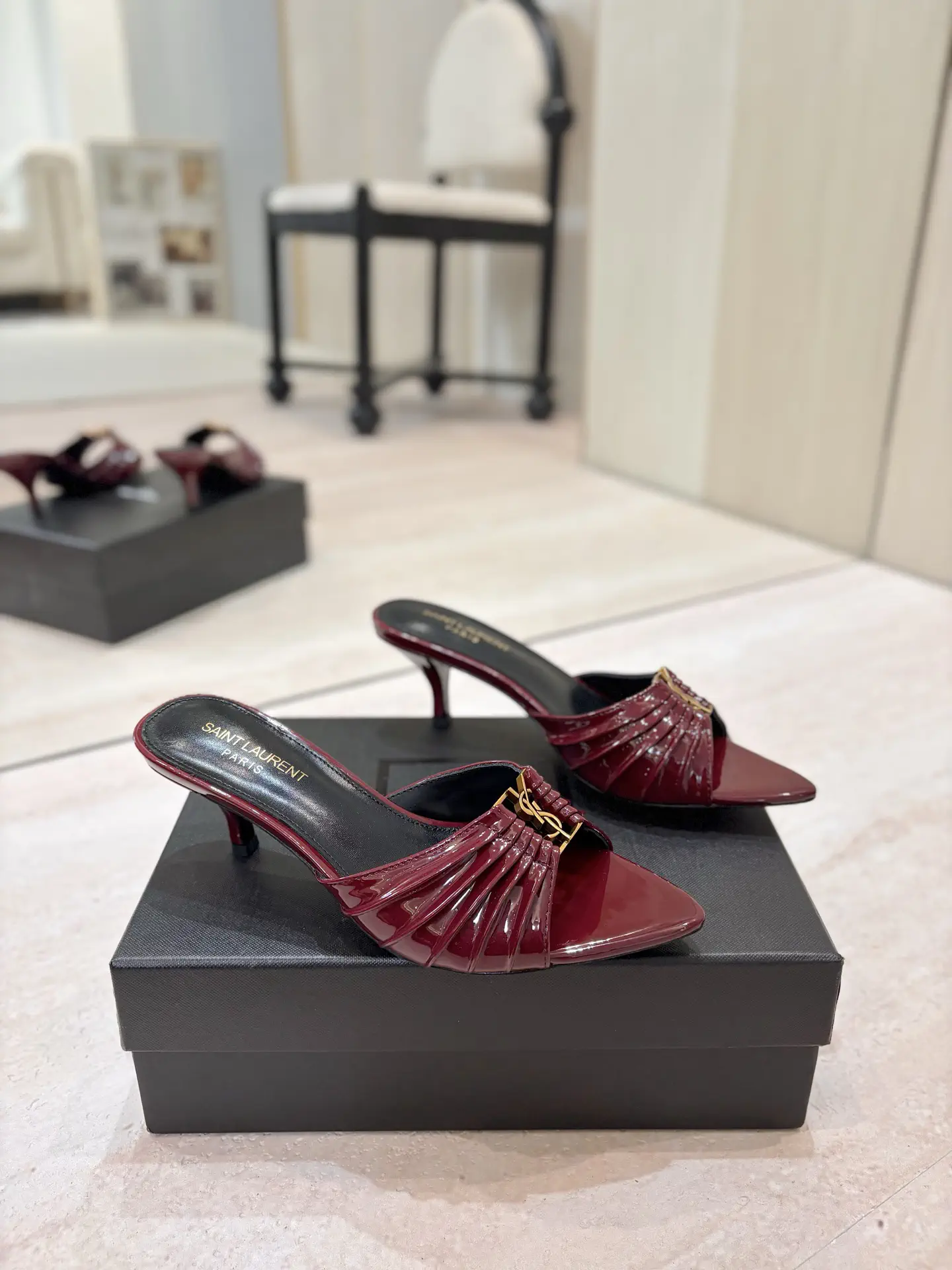 Ruched Pointed Toe Kitten Heel Mules with Gold Metal Buckle image 1