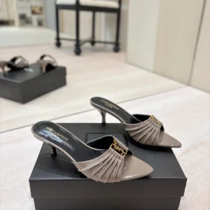 Ruched Pointed Toe Kitten Heel Mules with Gold Metal Buckle image 1