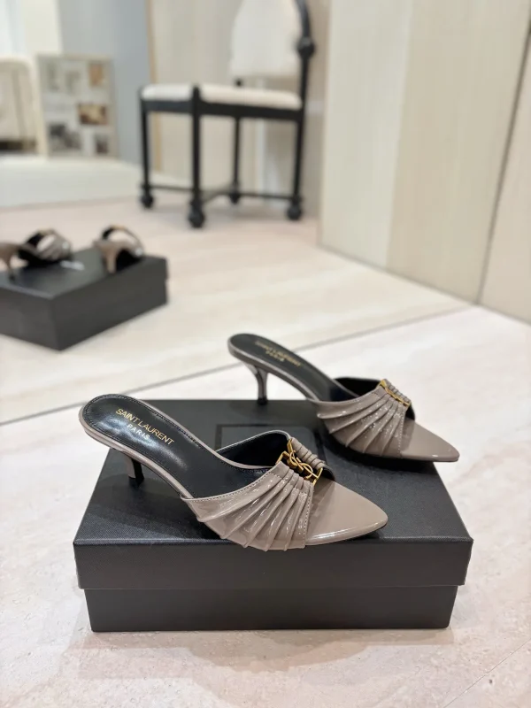 Ruched Pointed Toe Kitten Heel Mules with Gold Metal Buckle image 1