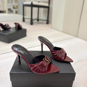 Ruched Pointed Toe High Heel Mules with Gold Metal Buckle image 1